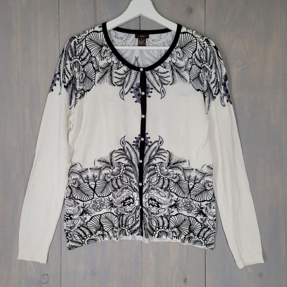 Escio Cardigan Sweater Womens Large White Black Rhinestone Button Knit